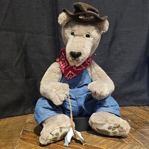 Plush Teddy Bear in Denim Overalls With Fish.